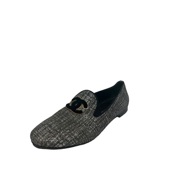 CHANEL Silver/Black Tweed Interlocking CC Logo Accent Loafers Flats Size 37 US 7 - Picture 2 of 10